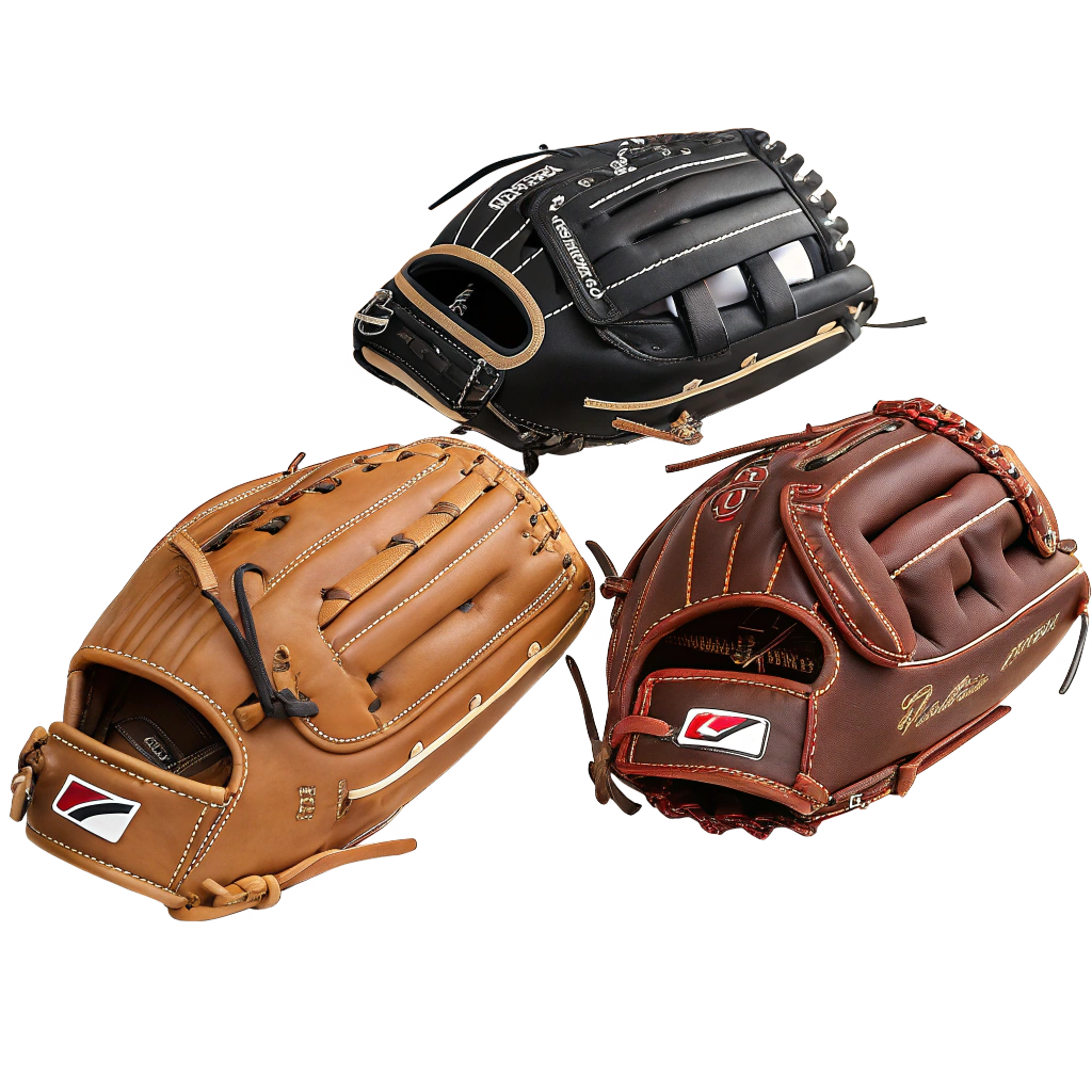 Three baseball gloves in different colors (black, tan, and brown) displayed on a light background.